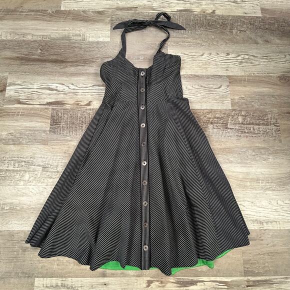 Maeve Black White Stripe Halter Dress Green Lining Cotton Retro 50s Style - Picture 1 of 7